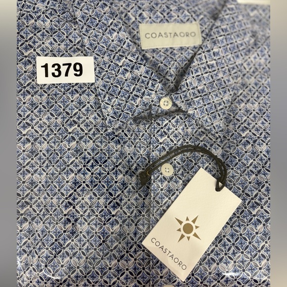 NWT COASTAORO Mens Short Sleeve Button Down Blue Geometric Shirt 100% Cotton - Picture 6 of 6